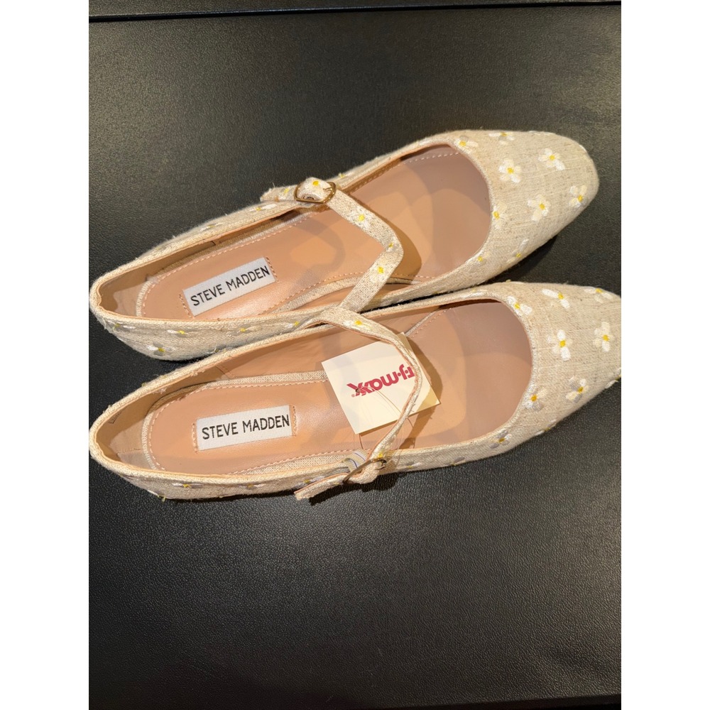 Steve Madden Womens Daisy Embroidered Mary Jane Flats Beige Floral Size 10 NEW